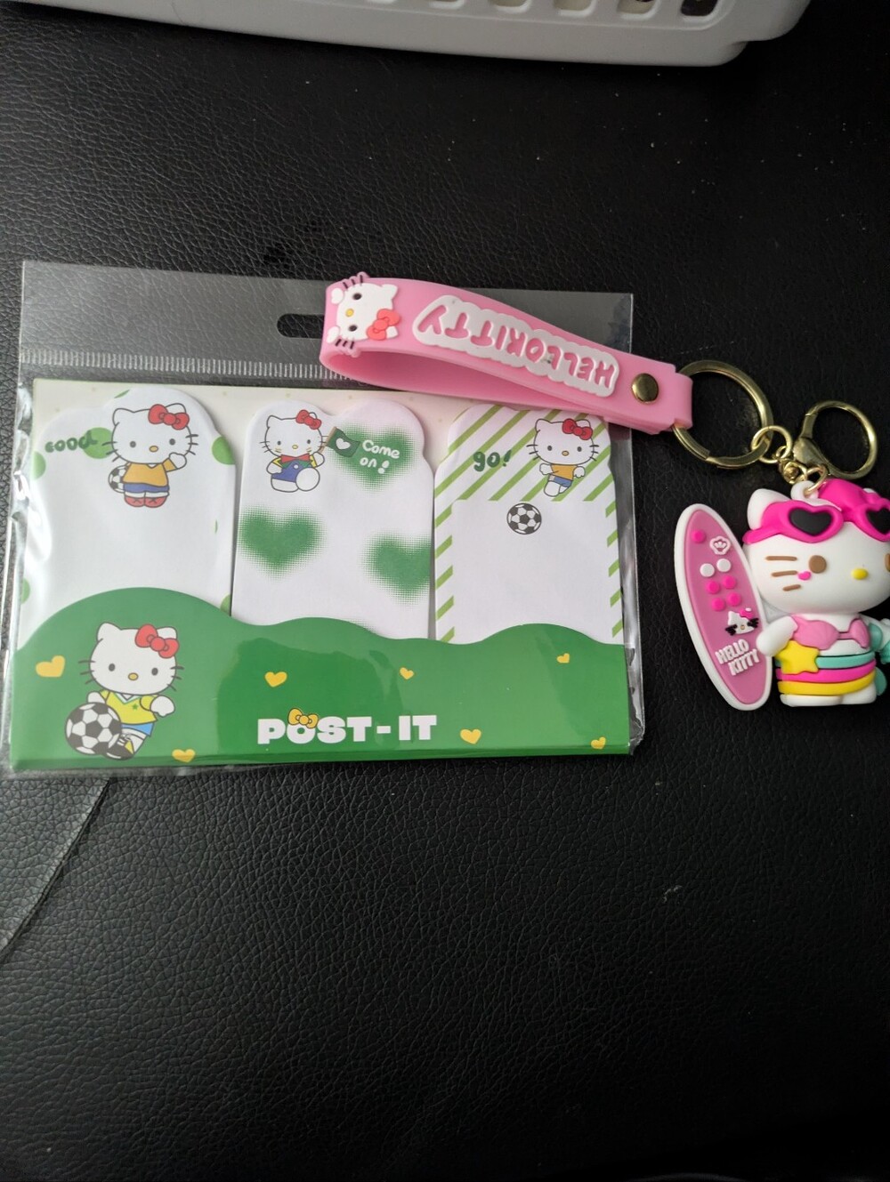 Hello Kitty Kids Keychain with Pink Strap and Green Post-It Notes